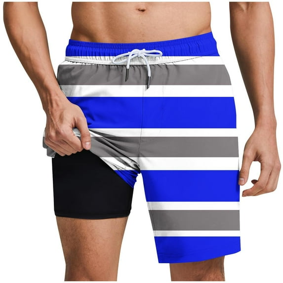 ZCFZJW Mens Swim Trunk with Compression Liner Casual Striped Color Block Printed Drawstring Swim Shorts Stretch Quick Dry Bathing Suits with Pockets Swimwear Blue XL