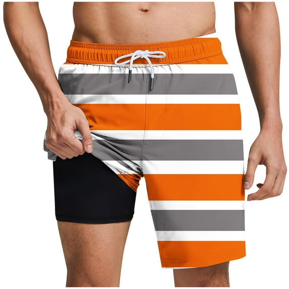 ZCFZJW Mens Swim Trunk with Compression Liner Casual Striped Color Block Printed Drawstring Swim Shorts Stretch Quick Dry Bathing Suits with Pockets Swimwear Orange L