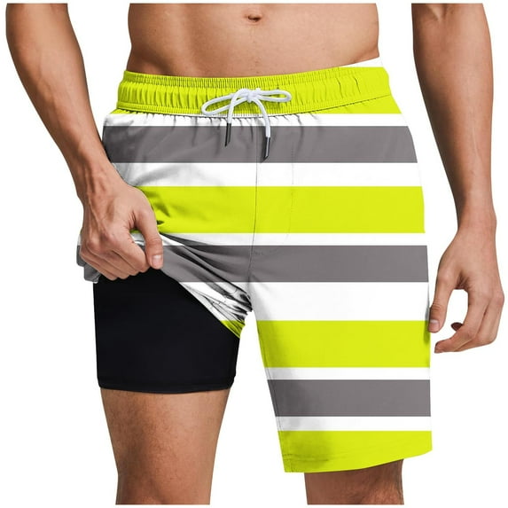 ZCFZJW Mens Swim Trunk with Compression Liner Casual Striped Color Block Printed Drawstring Swim Shorts Stretch Quick Dry Bathing Suits with Pockets Swimwear Yellow L
