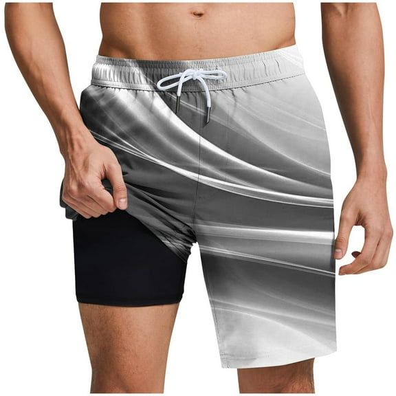 ZCFZJW Mens Swim Trunks with Compression Lined Short Bathing Suits for Men Lightweight Casual Striped Printed Drawstring Elastic Waist Men's Swimming Trunk Gray XXXL