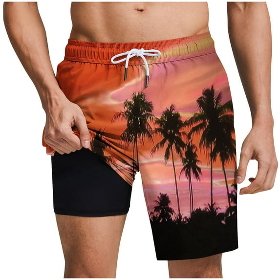 ZCFZJW Mens Swim Trunks with Compression Liner 2 in 1 Quick Dry Tropical Palm Tree Printed Summer Swimming Shorts Swimwear Bathing Suits with Pockets Orange#01 S