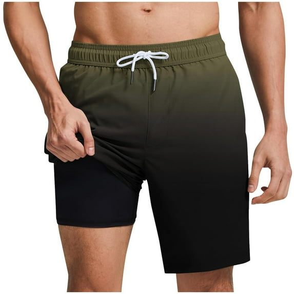 ZCFZJW Mens Swim Trunks with Compression Liner Lightweight Casual Tie Dye Gradient Color Printed Quick Dry Stretch Beach Shorts with Pockets Army Green XL
