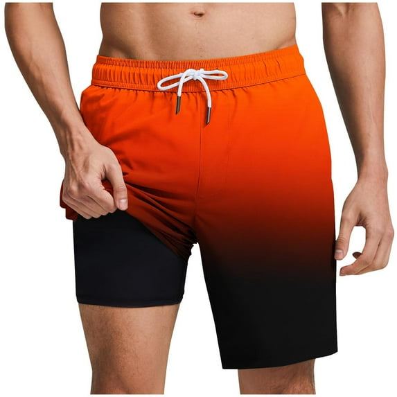 ZCFZJW Mens Swim Trunks with Compression Liner Lightweight Casual Tie Dye Gradient Color Printed Quick Dry Stretch Beach Shorts with Pockets Orange XL