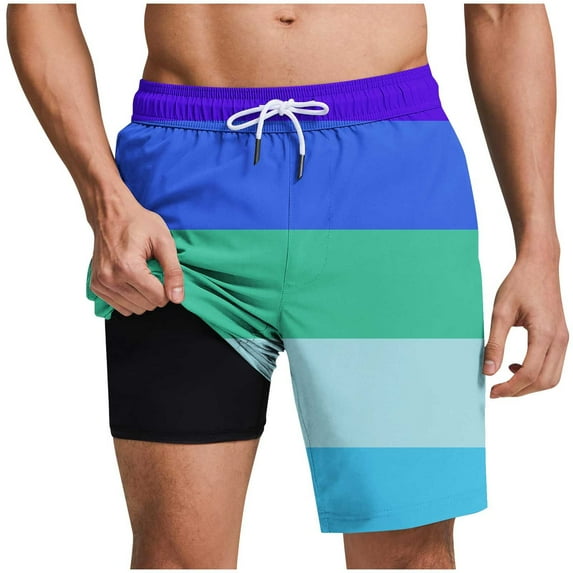 ZCFZJW Mens Swim Trunks with Compression Liner Striped Color Block Printed Quick Dry Bathing Suit Summer Beach Swimming Shorts with Pockets Sky Blue S