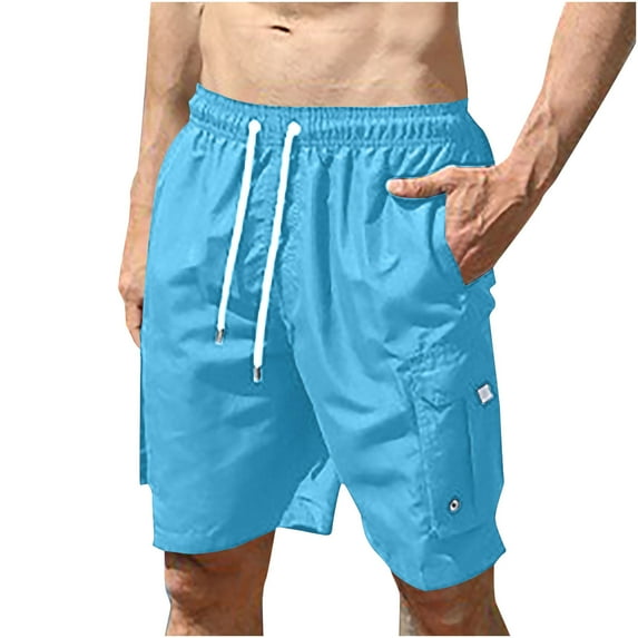 ZCFZJW Mens Swim Trunks Lightweight Casual Solid Color Drawstring Cargo Shorts Big and Tall Regular Fit Elastic Waist Beach Hawaiian Short Pants with Multi-Pockets Light Blue XXXL