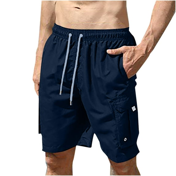 ZCFZJW Mens Swim Trunks Lightweight Casual Solid Color Drawstring Cargo Shorts Big and Tall Regular Fit Elastic Waist Beach Hawaiian Short Pants with Multi-Pockets Dark Blue M