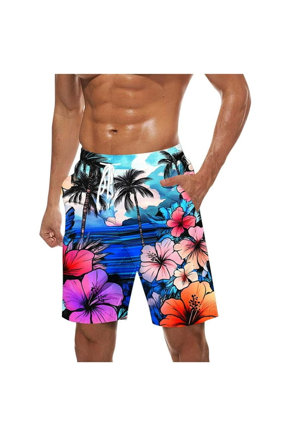 Mens Swim Trunks Quick Dry Swimwear Summer Drawstring Elastic Waist Hawaiian Swimming Beach Board Shorts with Pocket Bathing Suits for Men Blue#01 L
