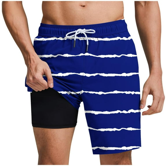 ZCFZJW Mens Swimming Trunks with Compression Liner 2025 Summer Striped Color Block Printed Vacation Beach 2 in 1 Quick-Dry Swim Shorts with Pockets Blue XL