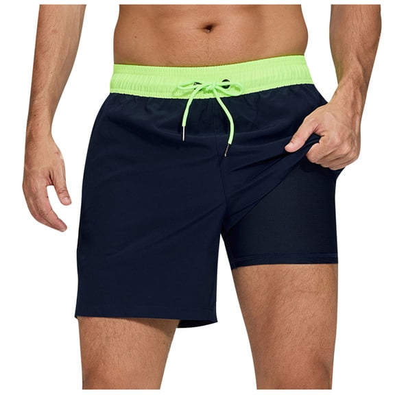 ZCFZJW Mens Swimming Trunks with Compression Liner Lightweight Summer Drawstring Elastic Waist Beach 2 in 1 Quick-Dry Swim Board Shorts with Pockets Navy XXXL