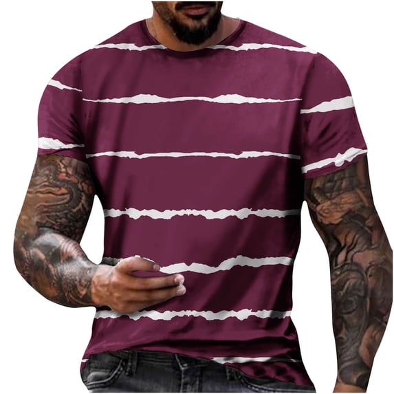 ZCFZJW Mens T-Shirts Casual Short Sleeve Round Neck Striped Pattern Graphic Round Neck Pullover Tops Big and Tall Regular Fit Comfy Tshirt Wine L