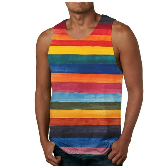 ZCFZJW Mens Tank Tops Big and Tall Regular Fit Casual Colorful Striped Print Summer Sleeveless Round Neck Workout Gym Shirt Muscle Tees Top Multicolor#01 M