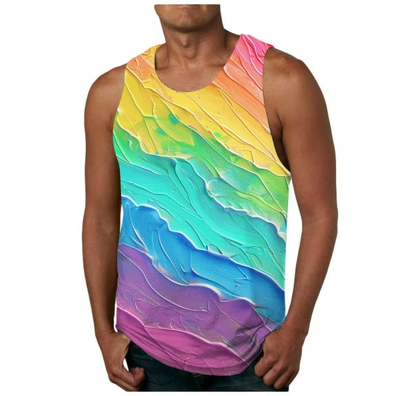 ZCFZJW Mens Tank Tops Big and Tall Regular Fit Casual Colorful Striped Print Summer Sleeveless Round Neck Workout Gym Shirt Muscle Tees Top Multicolor#09 L