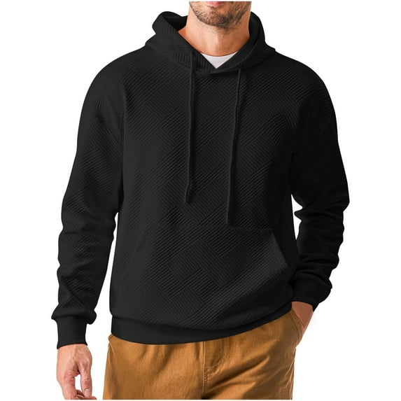 ZCFZJW Mens Textured Hoodie Tops Casual Drawstring Long Sleeve Solid Color Hooded Pullover Sweatshirts Trendy Workout Sport Outwear Coat with Pockets Black XL