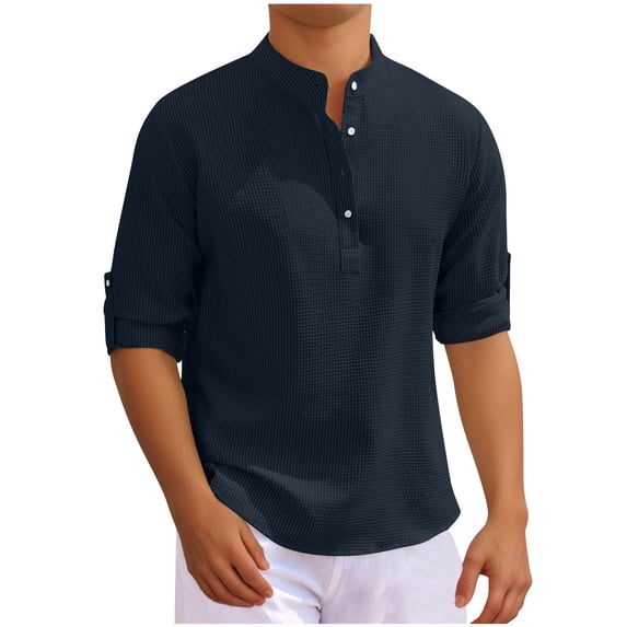 ZCFZJW Mens Textured Polo Shirts Casual Rolled-up Long Sleeve Button Down Solid Color Athletic Workout Tees Shirt Tops Lightweight Cotton Pullover Navy XXXL