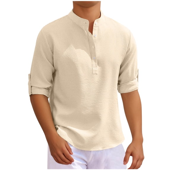 ZCFZJW Mens Textured Polo Shirts Casual Rolled-up Long Sleeve Button Down Solid Color Athletic Workout Tees Shirt Tops Lightweight Cotton Pullover Khaki L