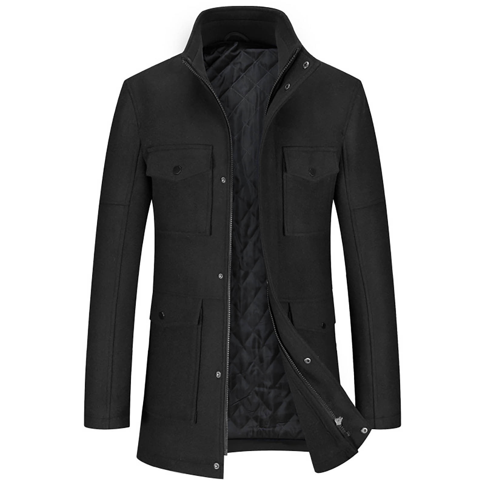 ジャケット・アウター High neck wool p coat jacket Black zip ZCFZJW Mens Trench Coat Wool Blend Top Pea Coat Winter Long Zip up