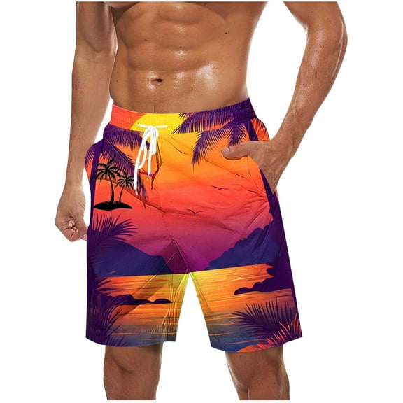 ZCFZJW Mens Tropical Hawaiian Swim Trunks Lightweight Casual Quick Dry Summer Big and Tall Regular Fit Drawstring Elastic Waist Beach Shorts with Pockets Orange L