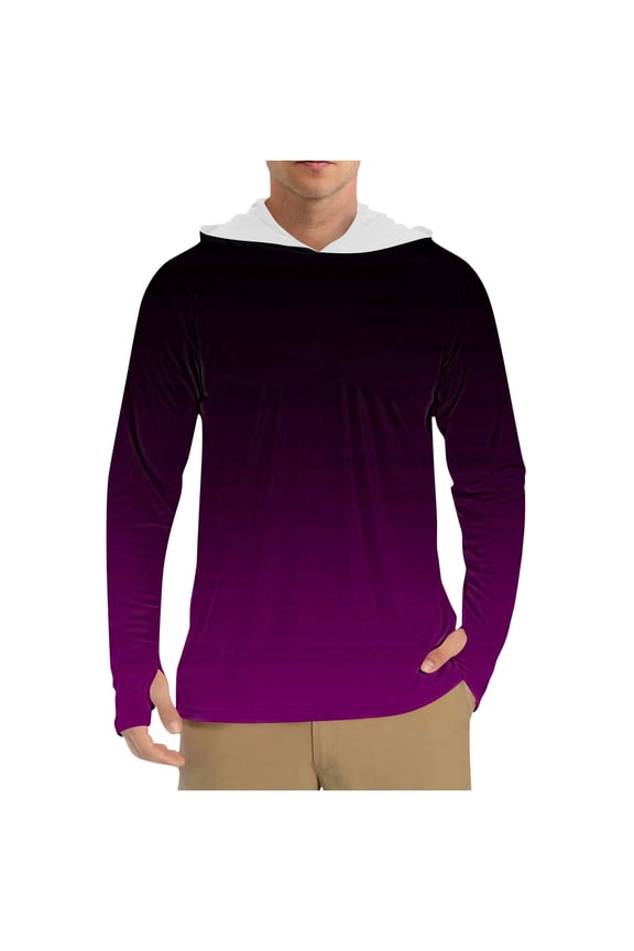 Mens UPF 50+ Fishing Shirts, Tie Dye Gradient Color Print Long Sleeve UV Sun Hoodie, Hiking Running Swim Athletic Workout Shirt Purple M