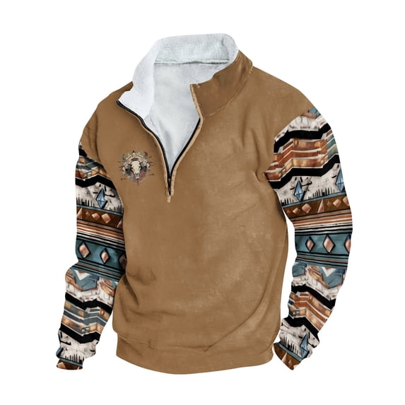 ZCFZJW Mens Vintage Graphic Shirts Trendy Ethnic Style Pattern Print Long Sleeve Half Zip up Stand Collar Pullover Sweatshirts Big and Tall Regular Fit Cotton Tops Khaki XXXXXL