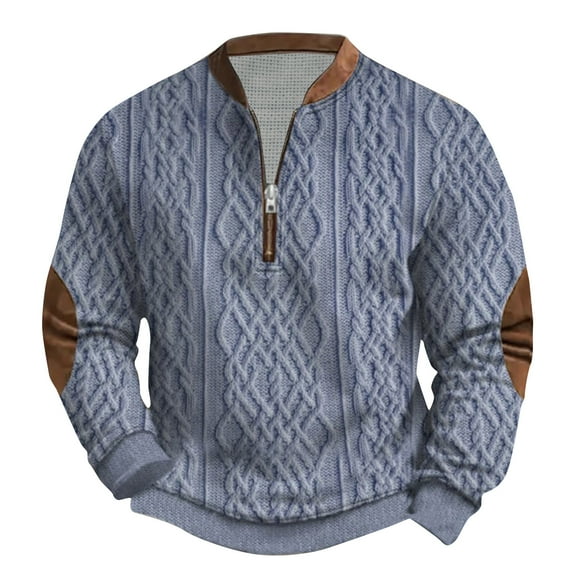 ZCFZJW Mens Vintage Printed Half Zip-up Polo Sweaters Lightweight Casual Big and Tall Regular Fit Long Sleeve Cable Knit Pullover Sweatshirts Tops Blue XL