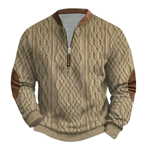 ZCFZJW Mens Vintage Printed Half Zip-up Polo Sweaters Lightweight Casual Big and Tall Regular Fit Long Sleeve Cable Knit Pullover Sweatshirts Tops Khaki M