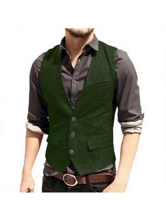 Mens Vintage Tweed Suit Vest Single Breasted Button V Neck Casual Wool Waistcoat for Wedding Groomsmen Green M