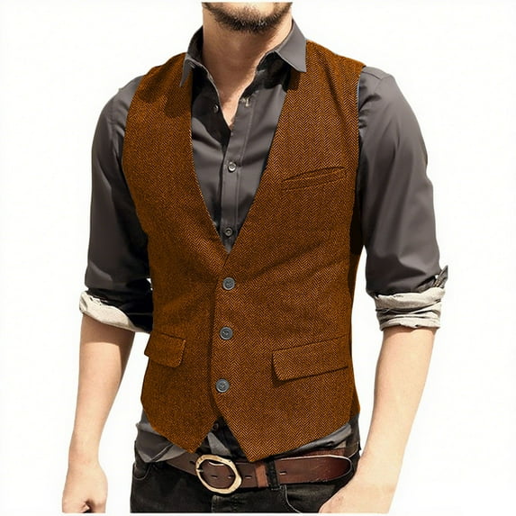 ZCFZJW Mens Vintage Tweed Suit Vest Single Breasted Button V Neck Casual Wool Waistcoat for Wedding Groomsmen Orange L