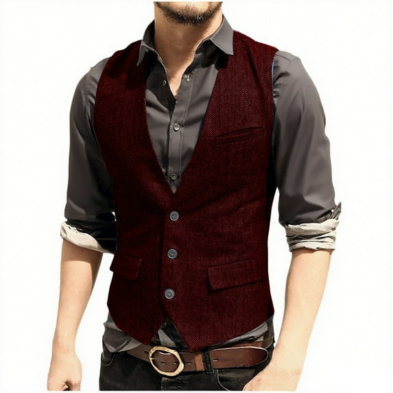ZCFZJW Mens Vintage Tweed Suit Vest Single Breasted Button V Neck Casual Wool Waistcoat for Wedding Groomsmen Wine M