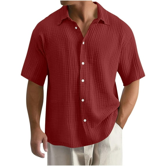 ZCFZJW Mens Waffle Button Down Shirt Short Sleeve Loose Fit Cuban Summer Beach Plain Tops Trendy Hawaiian Vacation Tees Shirt Wine L