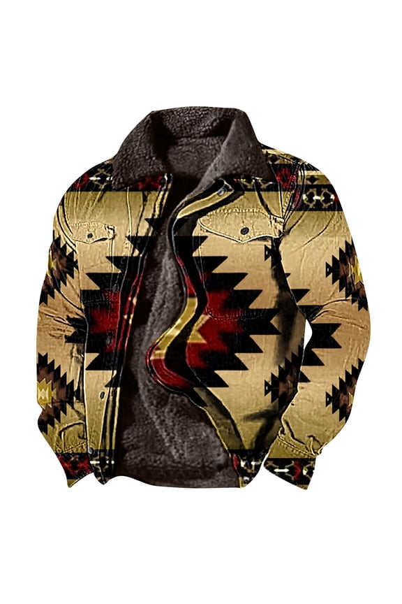 Mens Western Aztec Jacket Vintage Print Sherpa Jackets Men Fall Winter Sherpa Fleece Lined Ethnic Style Casual Zipper Fuzzy Warm Outwear Coat with Pocket Brown XL