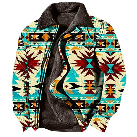 ZCFZJW Mens Western Aztec Jacket Vintage Print Sherpa Jackets Men Fall Winter Sherpa Fleece Lined Ethnic Style Casual Zipper Fuzzy Warm Outwear Coat with Pocket Mint Green XXL