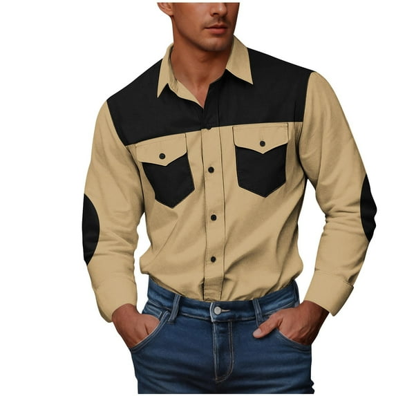 ZCFZJW Mens Western Cowboy Shirts Classic Fit Color Block Long Sleeve Button Up Shirts Stretch Pearl Snap Work Shirts for Men with Two Pockets Black XXXXXL
