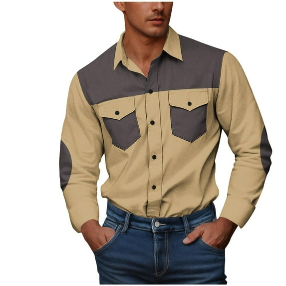 ZCFZJW Mens Western Cowboy Shirts Classic Fit Color Block Long Sleeve Button Up Shirts Stretch Pearl Snap Work Shirts for Men with Two Pockets Dark Gray XXXXXL