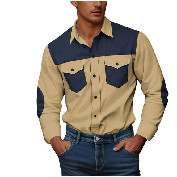 ZCFZJW Mens Western Cowboy Shirts Classic Fit Color Block Long Sleeve Button Up Shirts Stretch Pearl Snap Work Shirts for Men with Two Pockets Navy XXXL