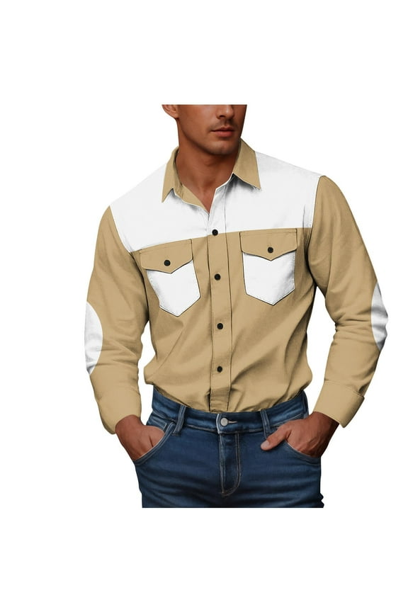 Mens Western Cowboy Shirts Classic Fit Color Block Long Sleeve Button Up Shirts Stretch Pearl Snap Work Shirts for Men with Two Pockets White L