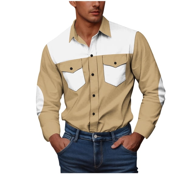 ZCFZJW Mens Western Cowboy Shirts Classic Fit Color Block Long Sleeve Button Up Shirts Stretch Pearl Snap Work Shirts for Men with Two Pockets White M