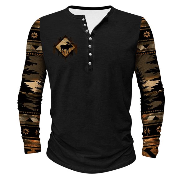ZCFZJW Mens Western Henley Shirts Vintage Ethnic Style Print Raglan Long Sleeve Button up Pullover Tops Big and Tall Regular Fit Graphic T-Shirts Black XXXXL