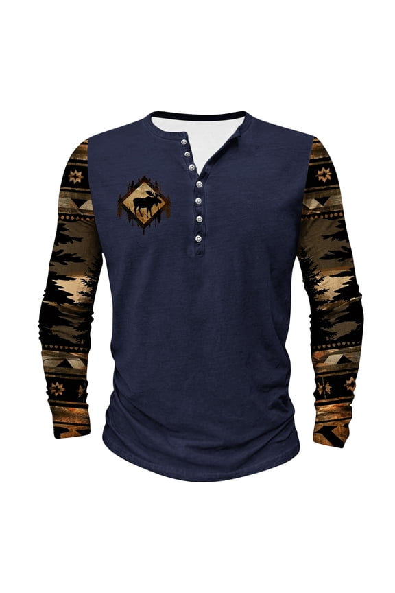 Mens Western Henley Shirts Vintage Ethnic Style Print Raglan Long Sleeve Button up Pullover Tops Big and Tall Regular Fit Graphic T-Shirts Navy XL
