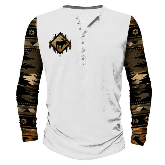 ZCFZJW Mens Western Henley Shirts Vintage Ethnic Style Print Raglan Long Sleeve Button up Pullover Tops Big and Tall Regular Fit Graphic T-Shirts White XXL