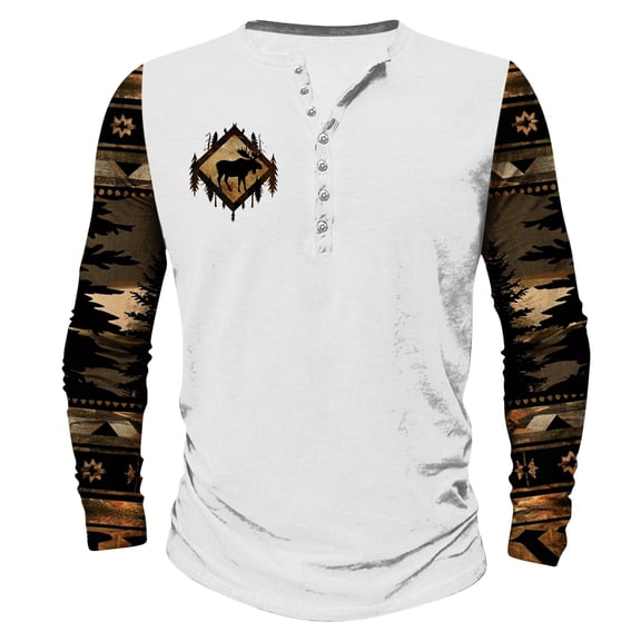ZCFZJW Mens Western Henley Shirts Vintage Ethnic Style Print Raglan Long Sleeve Button up Pullover Tops Big and Tall Regular Fit Graphic T-Shirts White XXXXXL