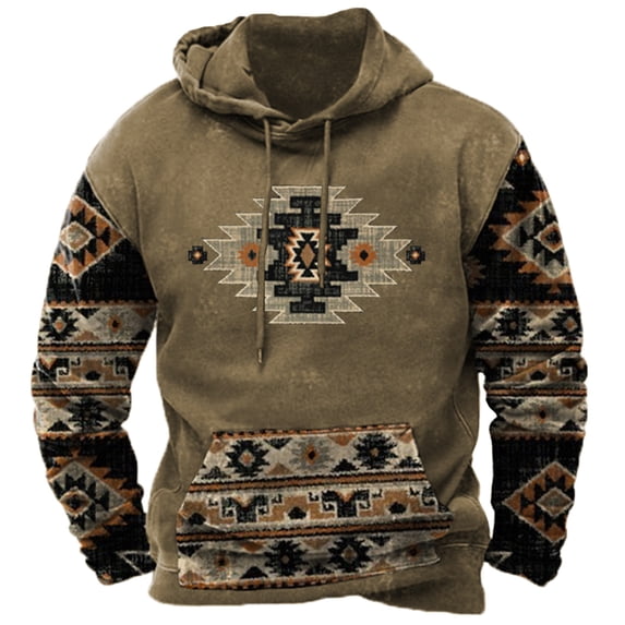 ZCFZJW Mens Western Hoodie Sweatshirts Vintage Aztec Print Long Sleeve Hooded Pullover Tops Lightweight Trendy Pacthwork Warm Coat with Pockets Brown XL