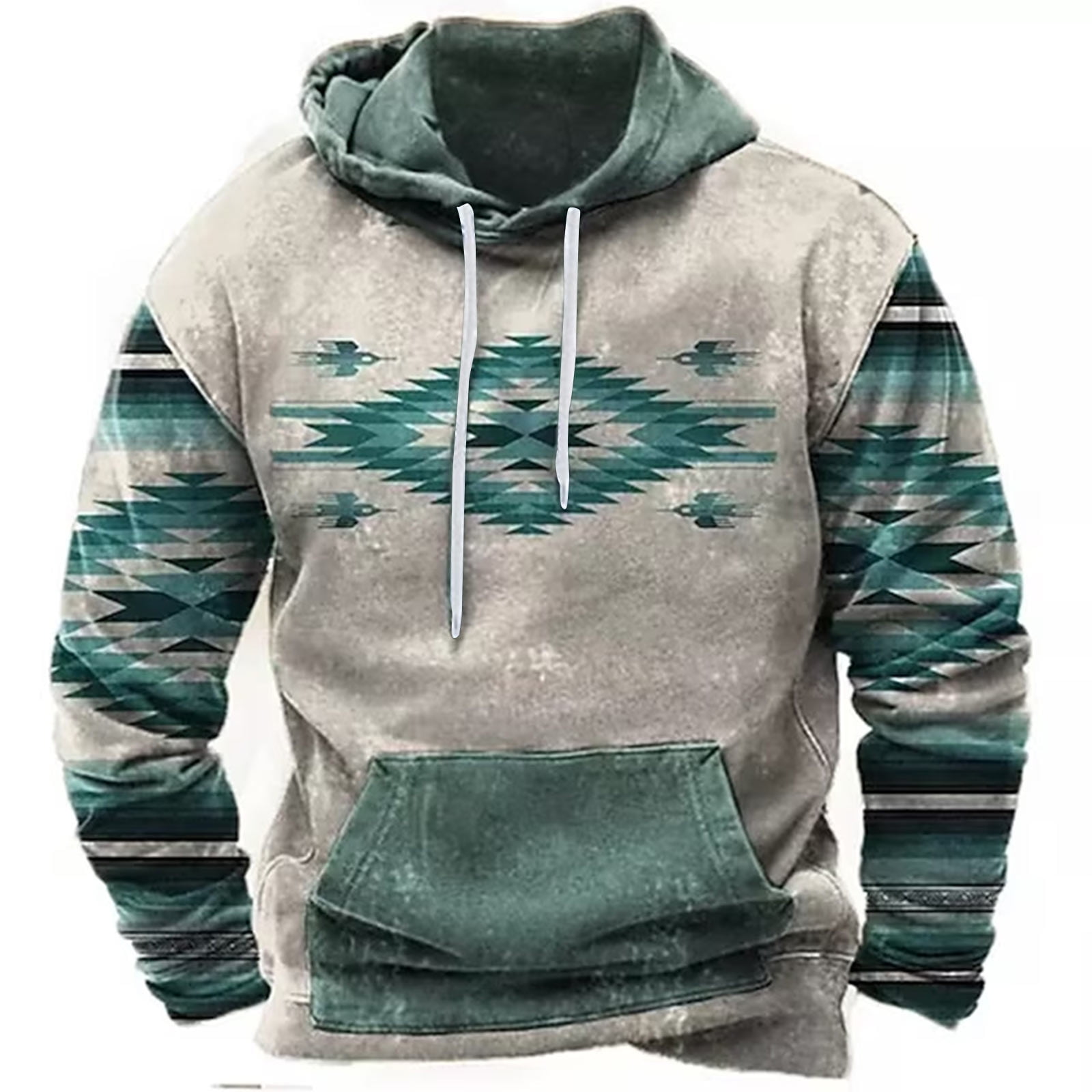 ZCFZJW Mens Western Hoodie Sweatshirts Vintage Aztec Print Long Sleeve Hooded Pullover Tops Lightweight Trendy Pacthwork Warm Coat with Pockets Z09-Blue XXXL