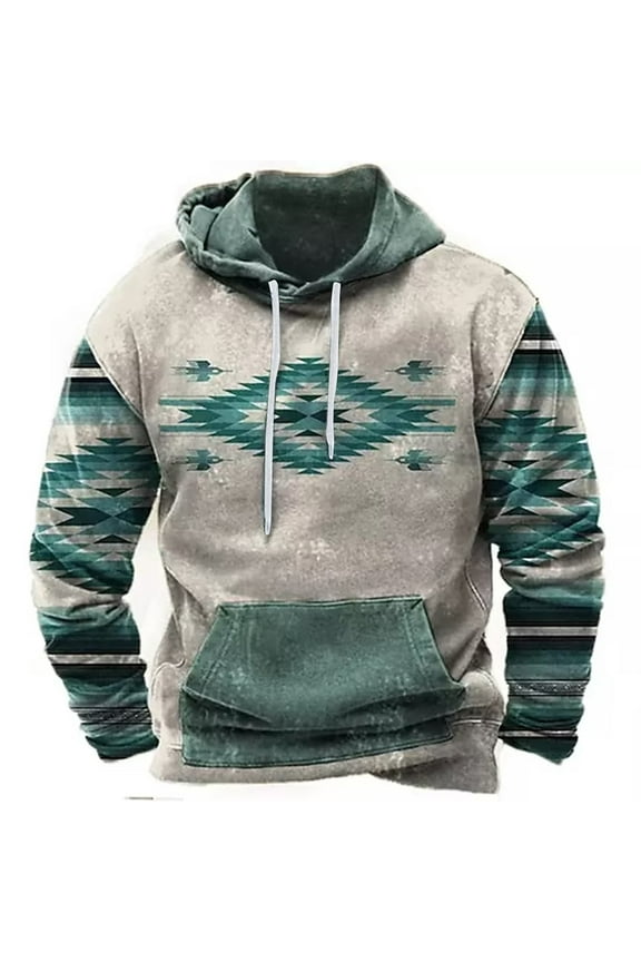 Mens Western Hoodie Sweatshirts Vintage Aztec Print Long Sleeve Hooded Pullover Tops Lightweight Trendy Pacthwork Warm Coat with Pockets Z09-Blue XXXL