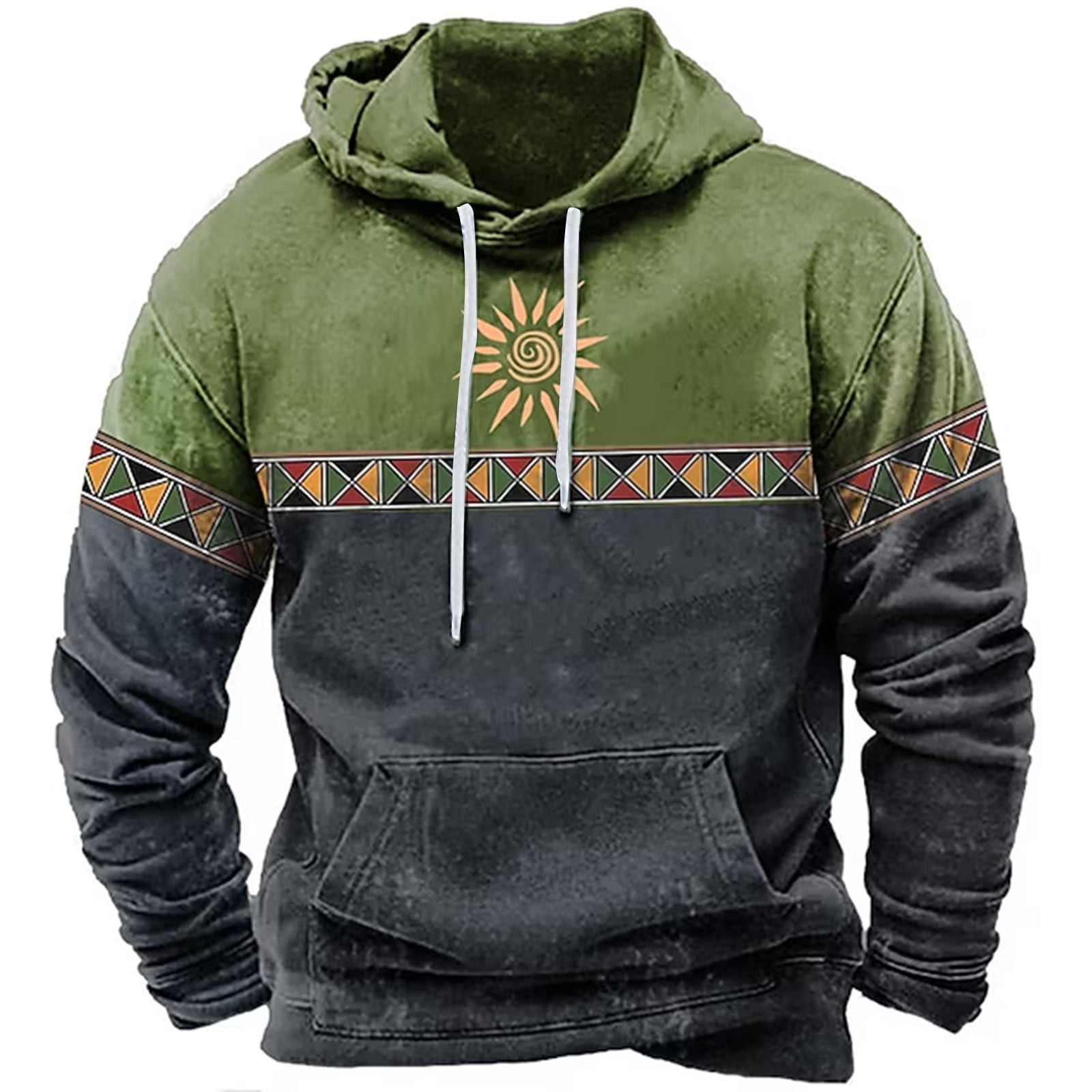 ZCFZJW Mens Western Hoodie Sweatshirts Vintage Aztec Print Long Sleeve Hooded Pullover Tops Lightweight Trendy Pacthwork Warm Coat with Pockets Z12-Green L