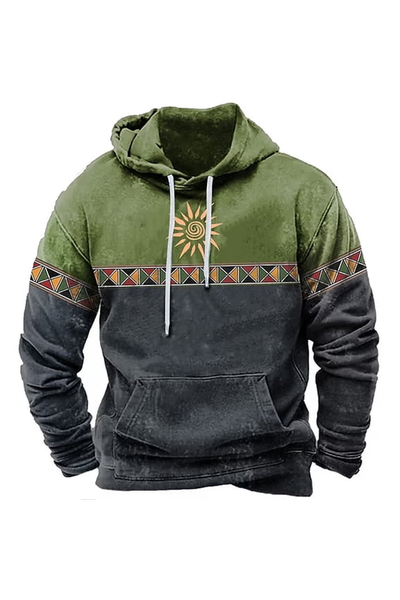 Mens Western Hoodie Sweatshirts Vintage Aztec Print Long Sleeve Hooded Pullover Tops Lightweight Trendy Pacthwork Warm Coat with Pockets Z12-Green L