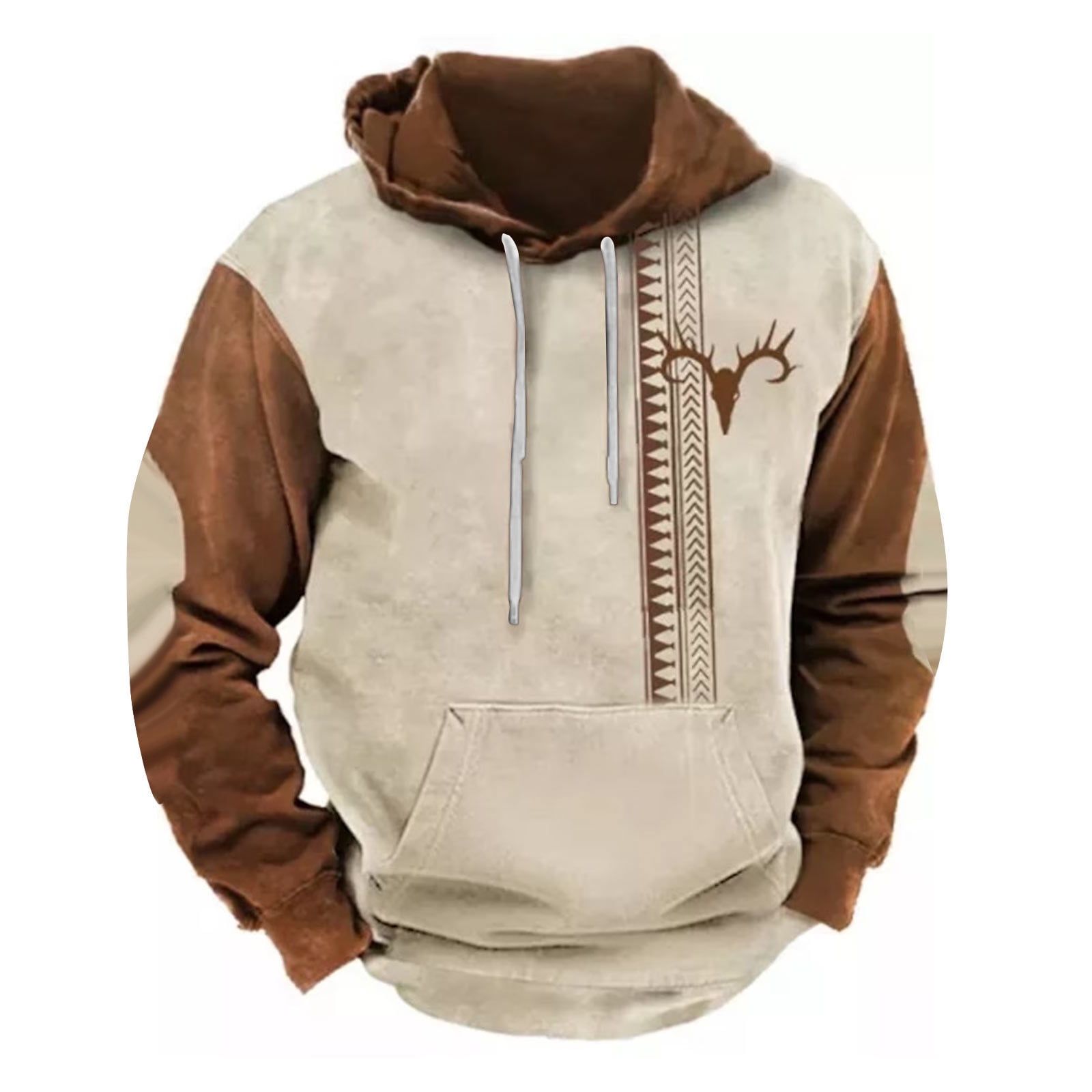 ZCFZJW Mens Western Hoodie Sweatshirts Vintage Aztec Print Long Sleeve Hooded Pullover Tops Lightweight Trendy Pacthwork Warm Coat with Pockets Z13-Khaki XL
