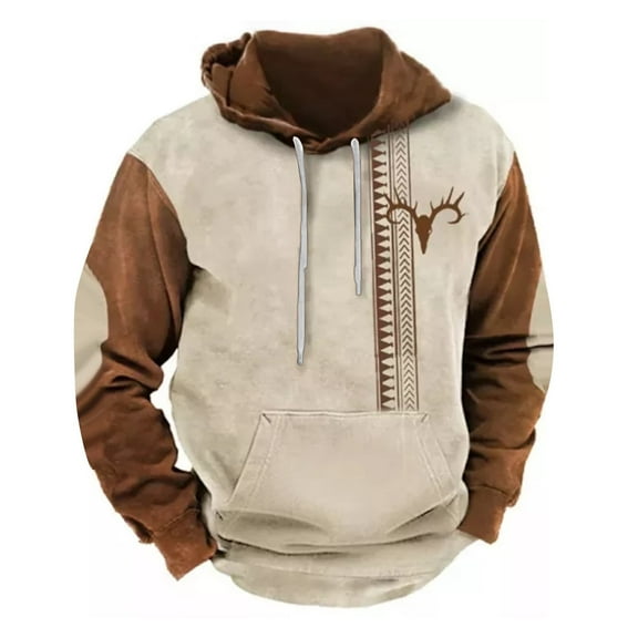 ZCFZJW Mens Western Hoodie Sweatshirts Vintage Aztec Print Long Sleeve Hooded Pullover Tops Lightweight Trendy Pacthwork Warm Coat with Pockets Z13-Khaki L