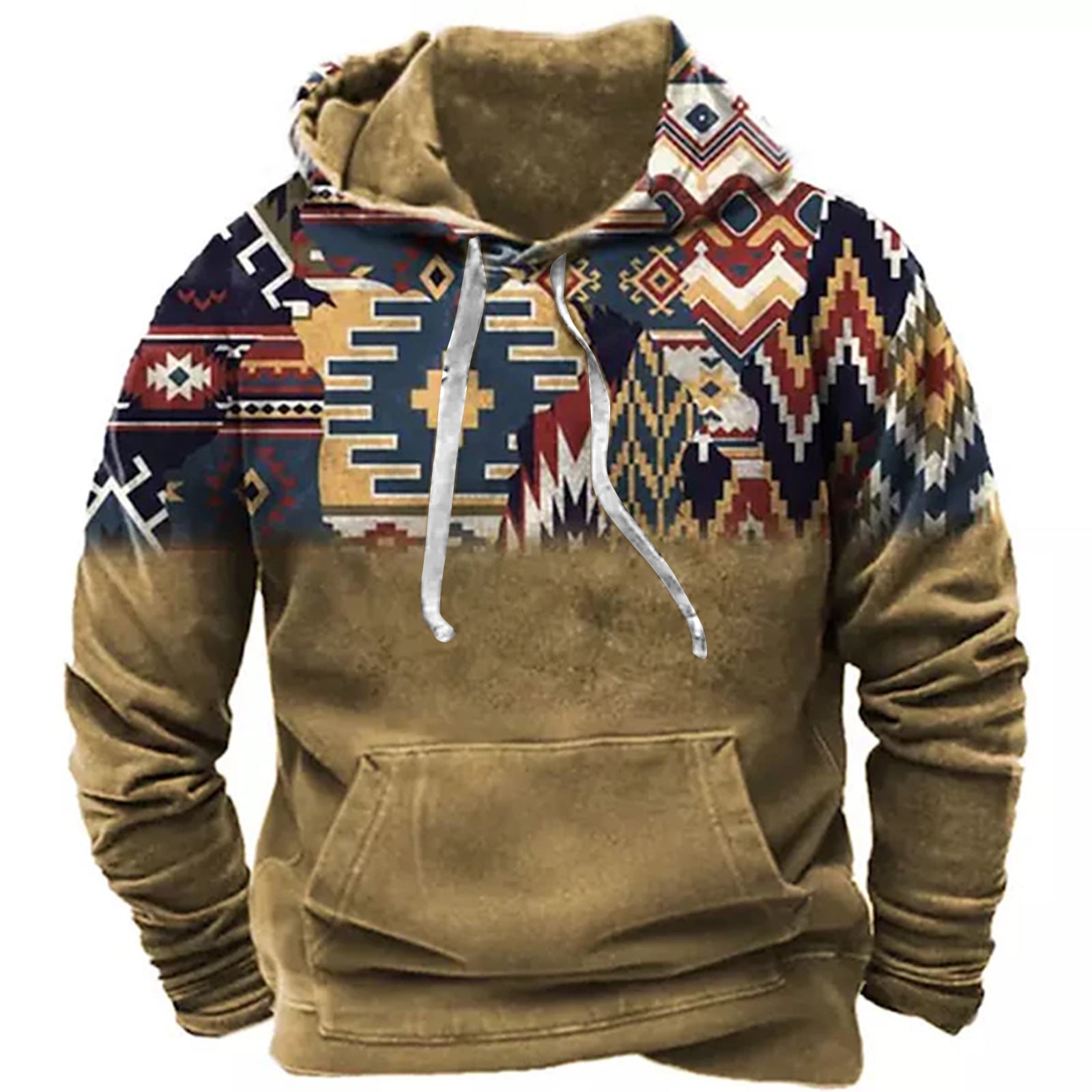 ZCFZJW Mens Western Hoodie Sweatshirts Vintage Aztec Print Long Sleeve Hooded Pullover Tops Lightweight Trendy Pacthwork Warm Coat with Pockets Z15-Brown XXXL
