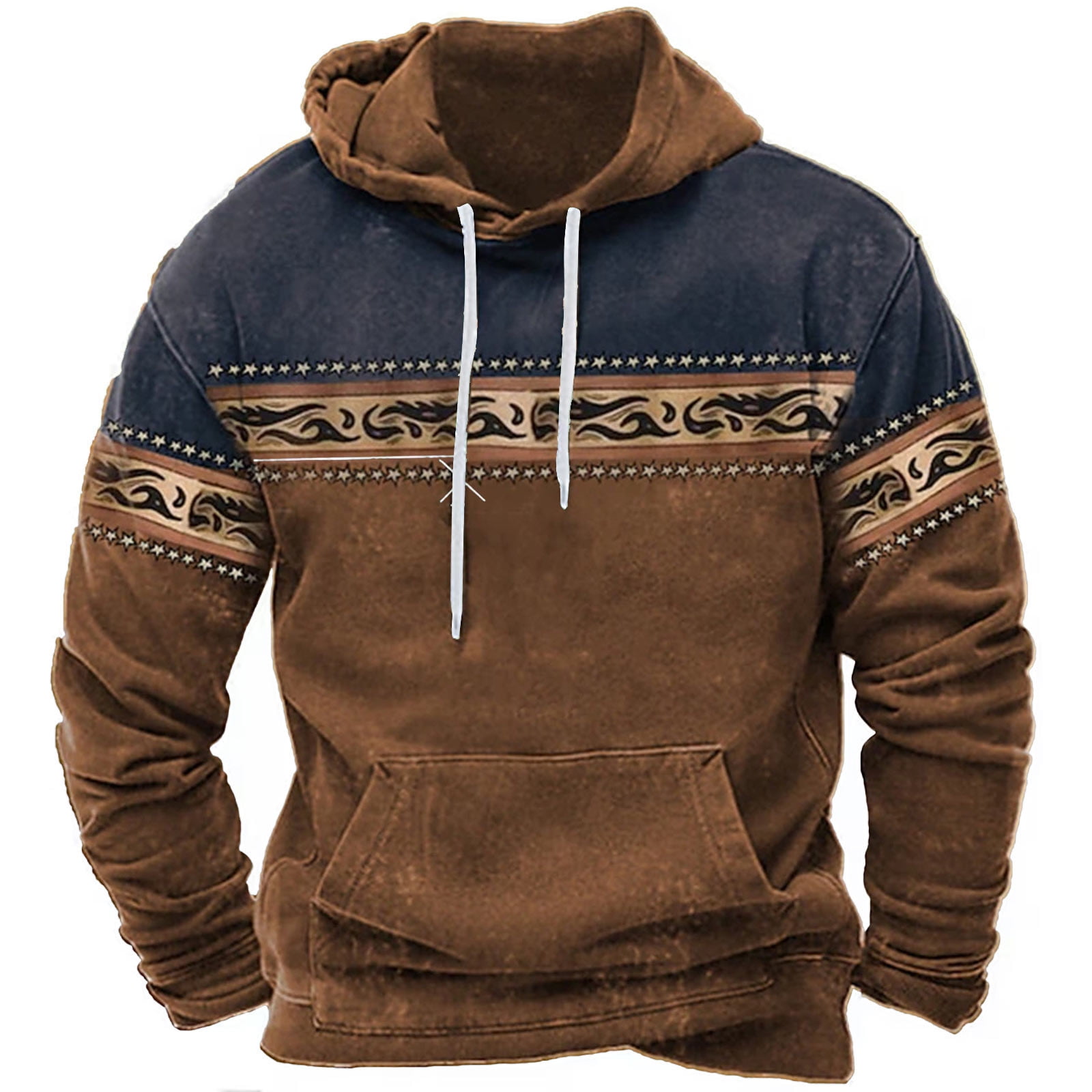 ZCFZJW Mens Western Hoodie Sweatshirts Vintage Aztec Print Long Sleeve Hooded Pullover Tops Lightweight Trendy Pacthwork Warm Coat with Pockets Z16-Brown XXXL