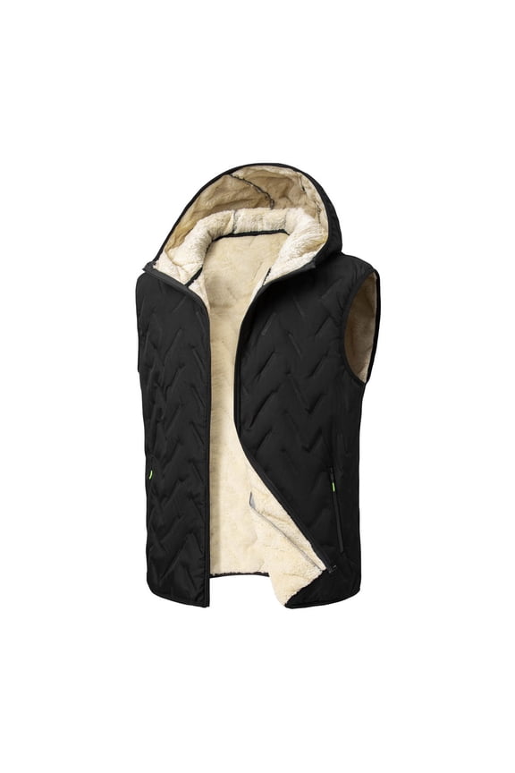 Mens Winter Hooded Puffer Vest Plush ThicK Warm Sleeveless Sherpa Fleece Lined Quilted Puffy Jacket Casual Outdoor Vests with Zipper Pockets Black L